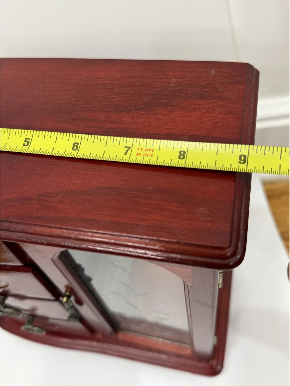 Vintage Red Wood Jewelry cabinet with galss door and mirror, velvet  drawers